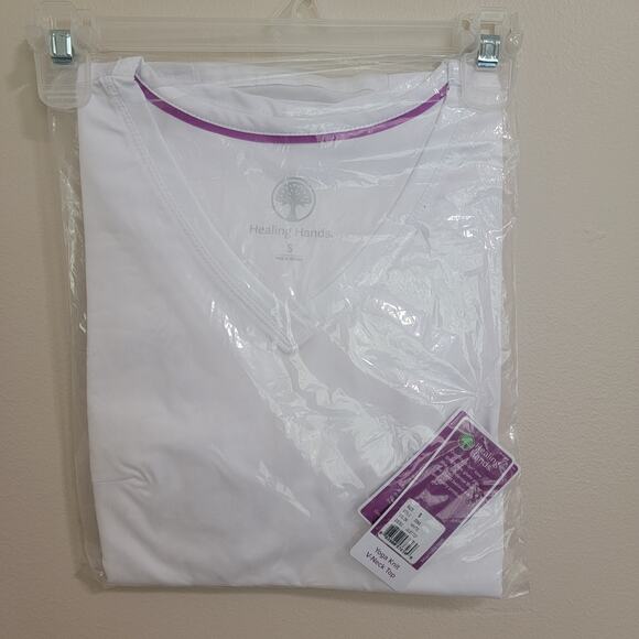 NWT Healing Hands V Neck White Scrub Top SZ Small - Picture 1 of 3